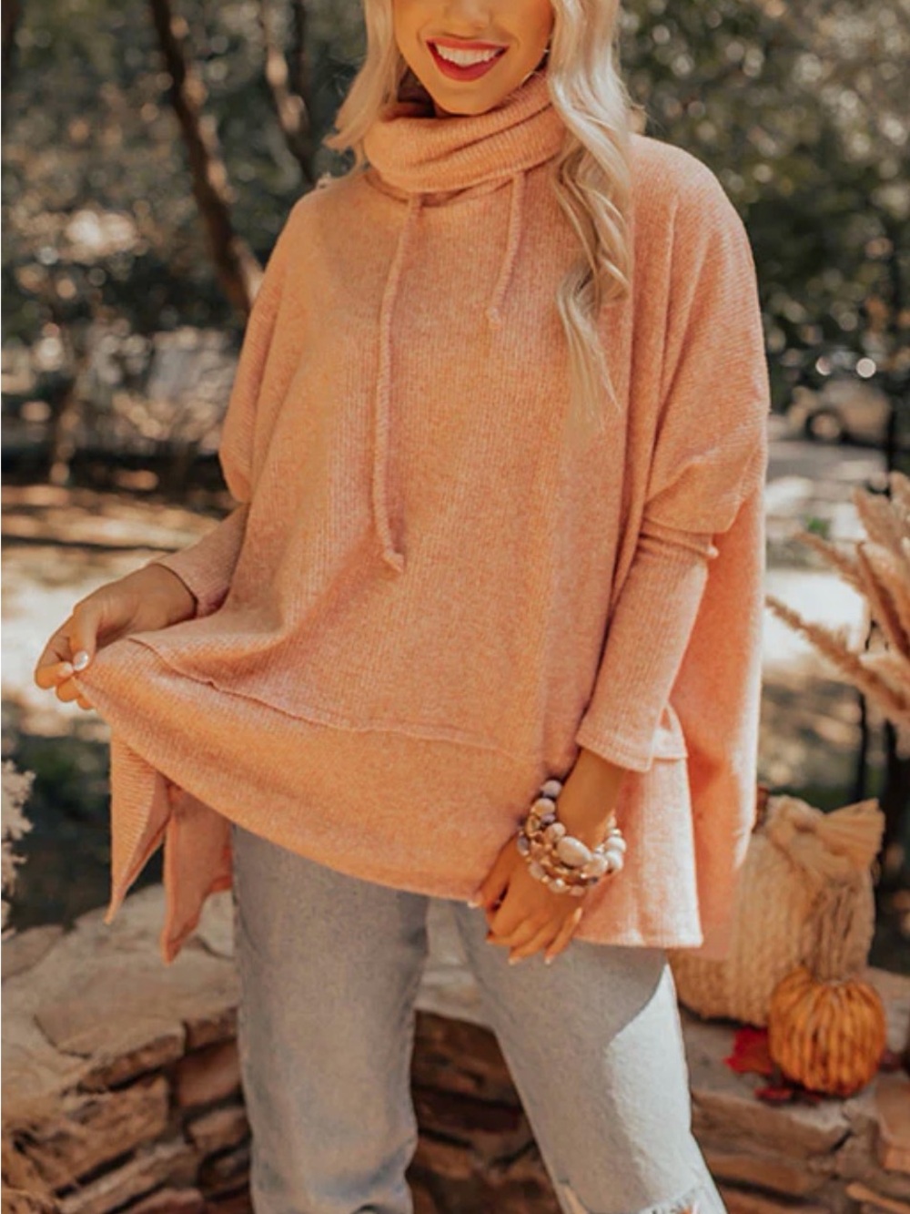 Cherish Peach Cowl Neck Oversized Sweater